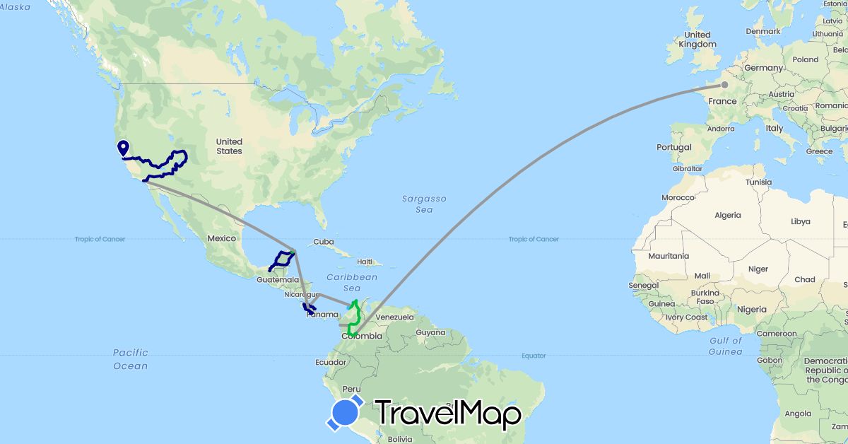 TravelMap itinerary: driving, bus, plane, boat in Colombia, Costa Rica, France, Mexico, United States (Europe, North America, South America)